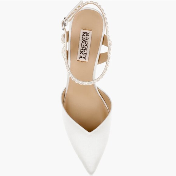 Badgley Mischka Collection Destinee Ankle Strap Pointed Toe Pump in White Satin - Picture 3 of 6